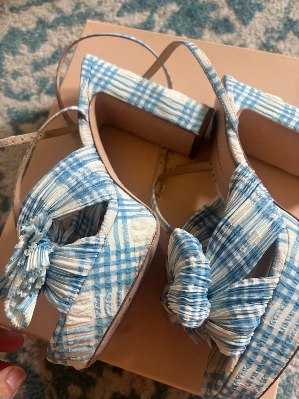 Loeffler Randall Blue & White Plaid Bow Slingback Heels